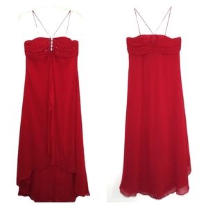 Poly Vintage Red Cocktail Prom Homecoming Flowy Dress with Rhinestones Large